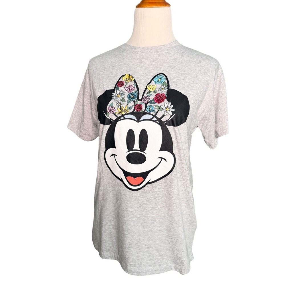 Disney Minnie Mouse T-Shirt Women Large Gray Floral Embroidered Bow Graphic Tee